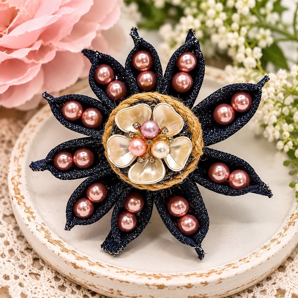 Handmade Denim and Pearl Floral Magnet Mixed Media Decorative Flower 8